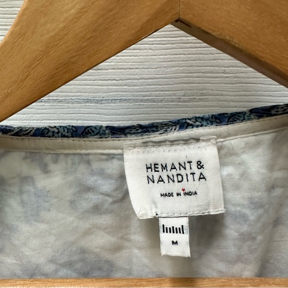 HEMANT & NANDITA V Neck Floral Print Mini Dress Blue White m medium flare tie - Picture 4 of 10